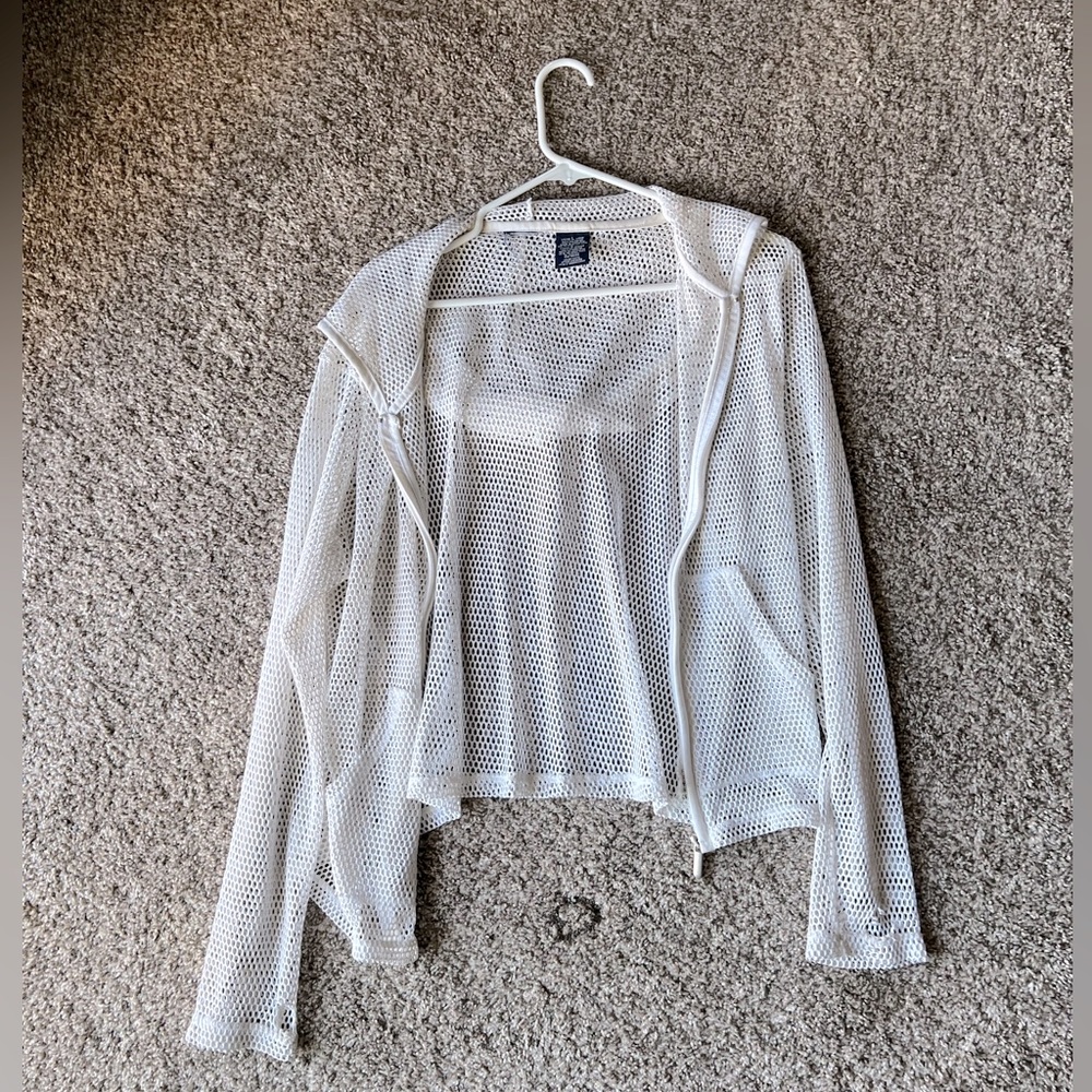White zip up fishnet hoodie